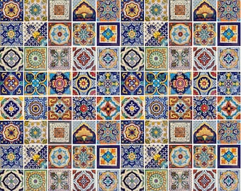 May include: A colorful mosaic tile pattern with various geometric designs in shades of blue, yellow, red, green, and white.