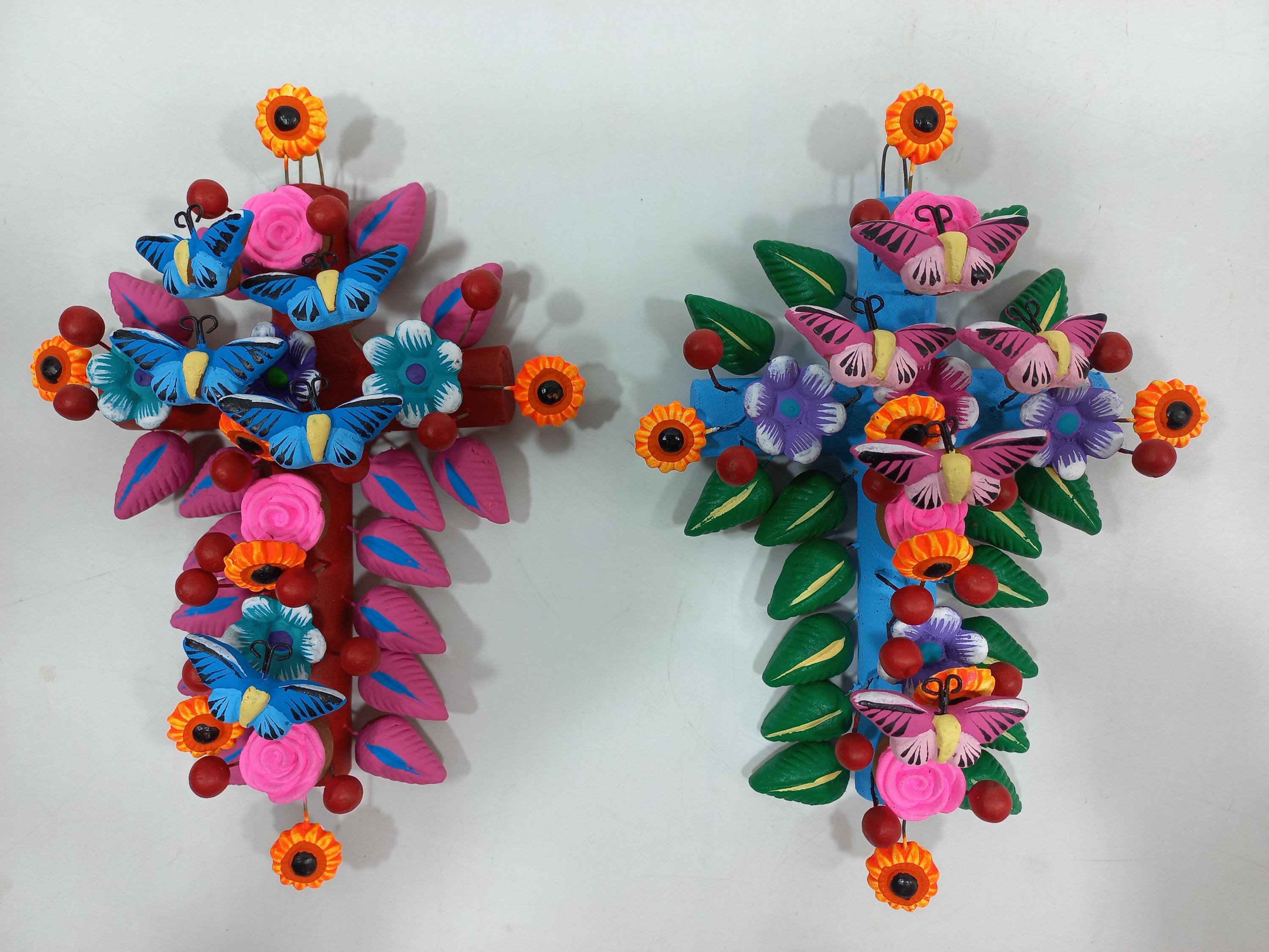 set of 2 CLAY CROSSES handmade colorful mexican folk art, tree of life style