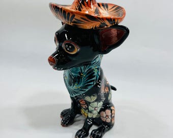 9" CERAMIC DOG sculpture, colorful handpainted talavera puppy figurine, mexican pottery