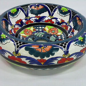 15&quot; ROUND TALAVERA SINK mexican bathroom handmade folk art ceramic vessel basin