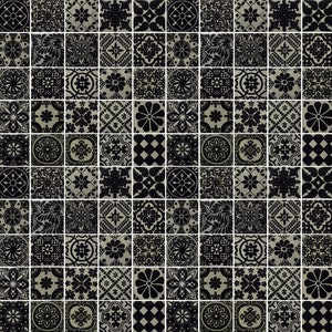 May include: Black and white patterned tile mosaic. The tiles are arranged in a grid pattern and feature a variety of geometric and floral designs.