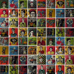 May include: A collection of colorful, square tiles featuring various images, including skeletons, flowers, and portraits of Frida Kahlo. The tiles are arranged in a grid pattern and have a vibrant, folk art style.