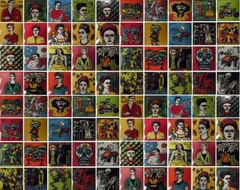 100 CERAMIC TILES Frida & day of the dead theme, Mexican handmade tile backsplash talavera mosaic 2 X 2"