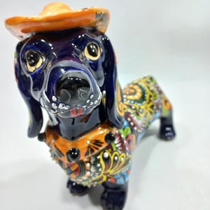 12" CERAMIC DOG with hat sculpture, colorful handpainted talavera puppy figurine, mexican pottery
