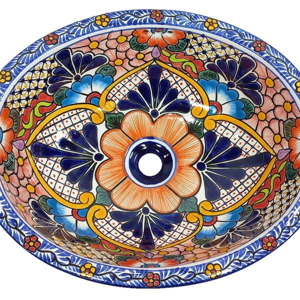 FREGADERO de cerámica colorido pintado a mano, empotrado o bajo encimera para baño mexicano hecho a mano.