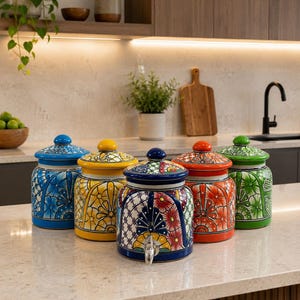 Puede incluir: Una colección de cinco dispensadores de bebidas y tarros de cerámica con intrincados patrones florales pintados a mano en colores vibrantes azul, amarillo, naranja y verde. Cada pieza incluye una tapa a juego y el dispensador central tiene un grifo.