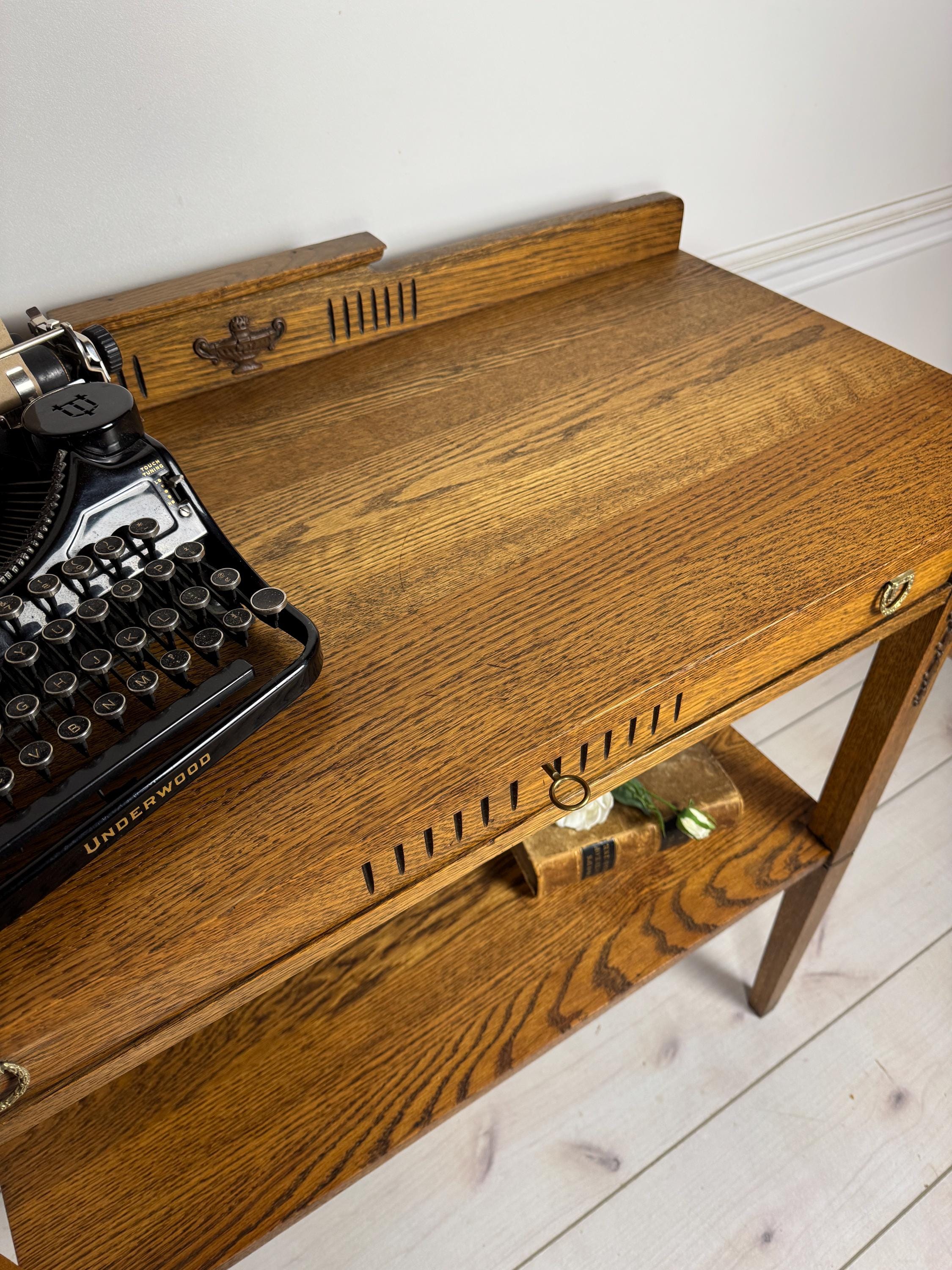 Antique Solid Oak Library Reading Table Desk Two-tier With Drawer ...
