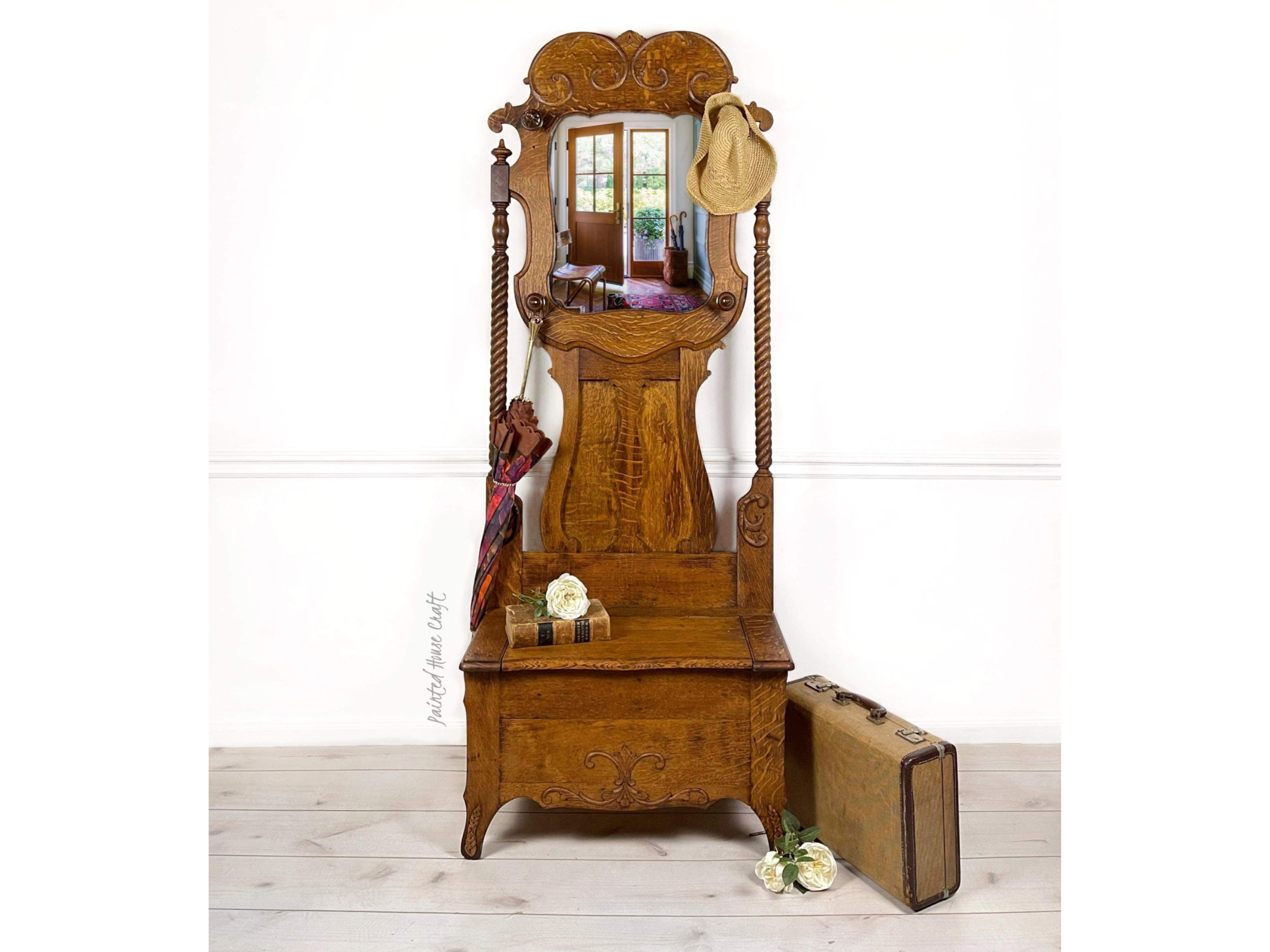 Antique oak hall tree deals