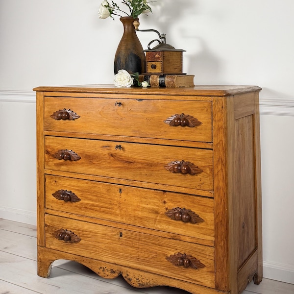 Antique Pine Dresser Chest of Drawers. Carved Fruit Handles. Farmhouse Style. Circa 1890. Restored.