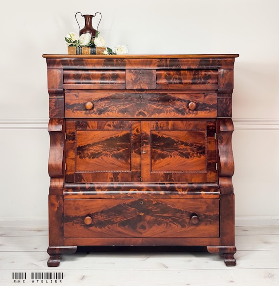 red mahogany dresser Chest of Drawers Solid Wood Furniture Dovetail Drawers Attached Tie & Belt Rack Storage Possibly Antique Color Stain 5 evenly sized spacious drawers Four Drawer Mahogany Chest from