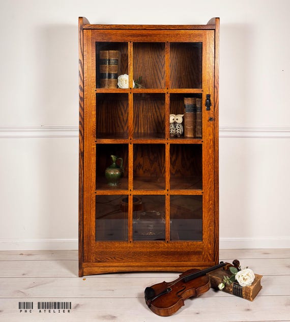 Vintage Mission Oak Bookcase | Arts & Crafts Quarter Sawn Glass Door Cabinet