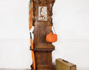 Antique Carved Oak Hall Tree With Mirror, Umbrella Stand, Henri II Style