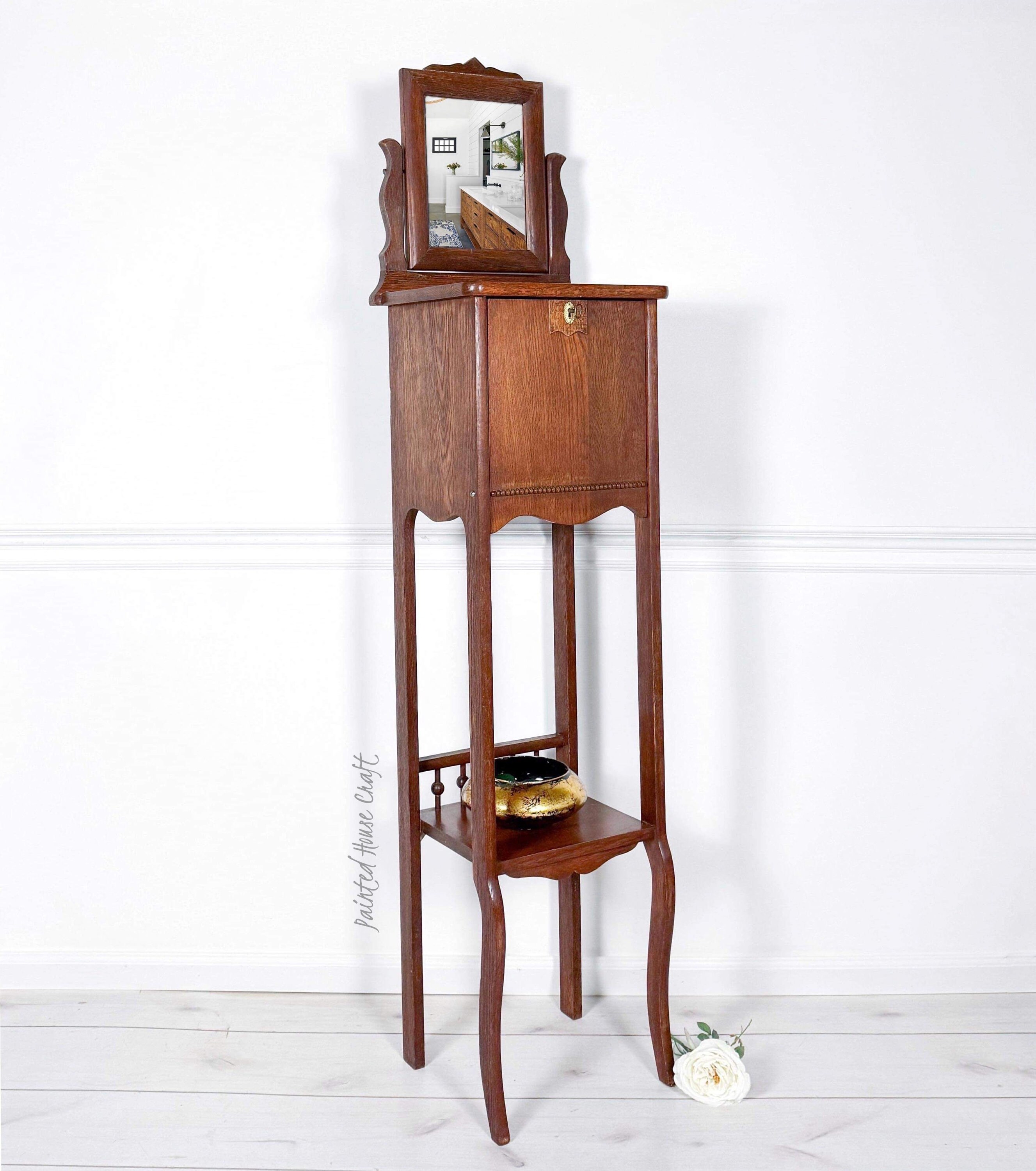 Antique Oak Men Shaving Stand With Mirror, Shelf Antique Oak Men Shaving Stand With Mirror, Shelf