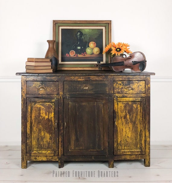 Antique Mustard Yellow Distressed Bohemian Painted Sideboard Etsy