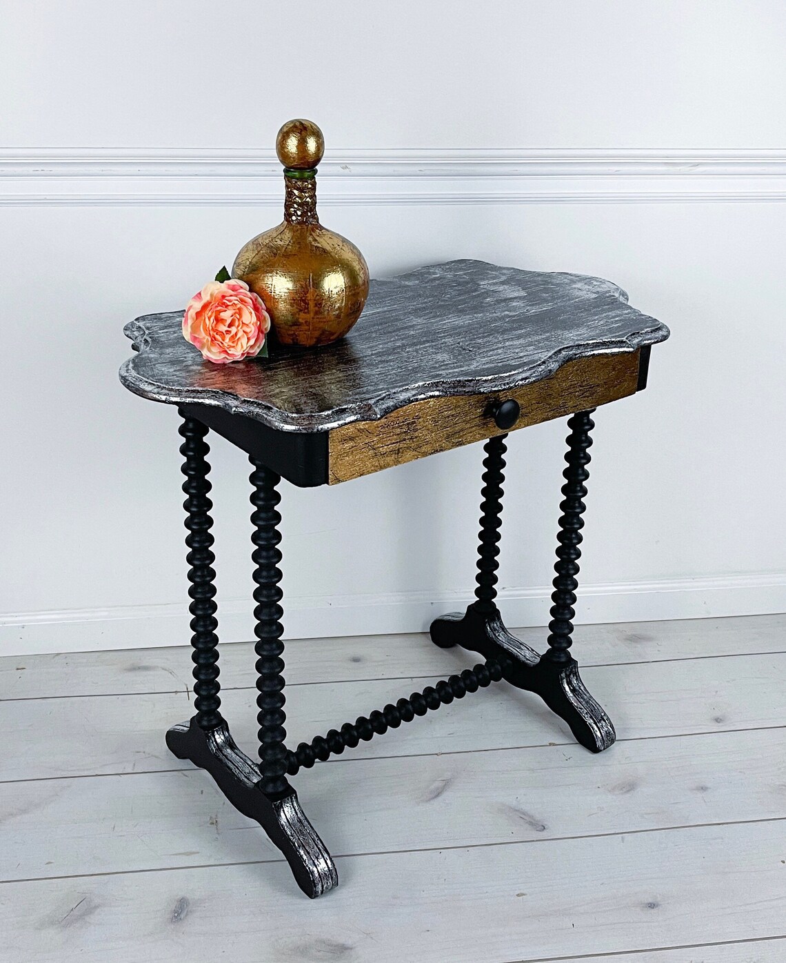 Antique Black Spindle Legs Occasional Serving Side Table Etsy
