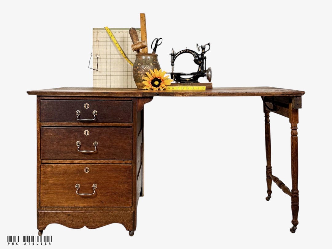 Antique Arts & Crafts Tiger Oak Folding Sewing Table With Drawers