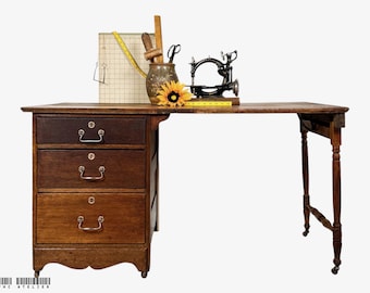 Antique Arts & Crafts Tiger Oak Folding Sewing Table with Drawers