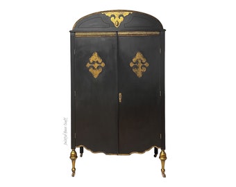 Antique Painted Black Gold Wardrobe Armoire Side-by-side with Drawers and Hangers Bar | On Casters