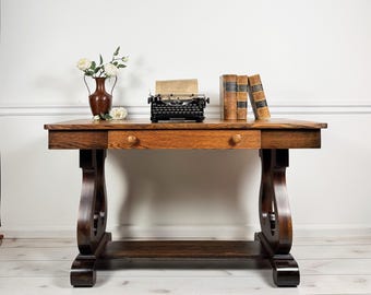 Antique Tiger Oak Library Table | Empire Style Writing Desk with Drawer