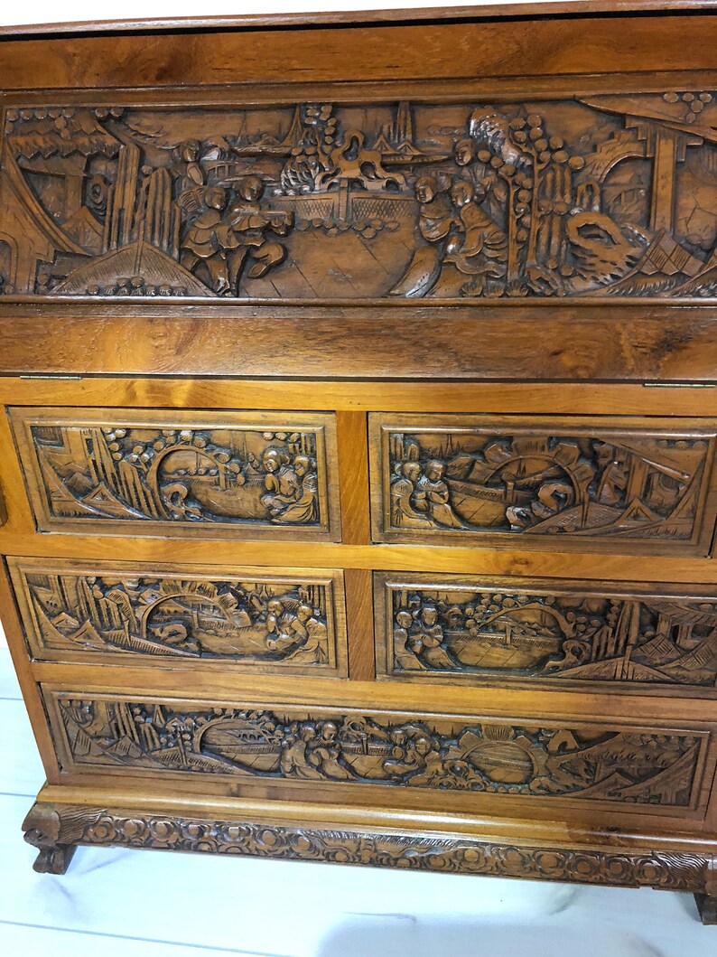 Hand Carved Vintage Solid Chinese Secretary Desk From 1930s Etsy