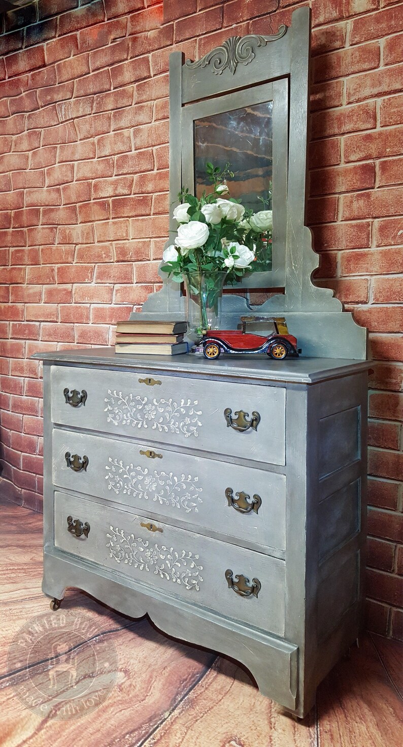 Antique Oak Vanity Dresser Drawers Mirror Casters Grey Cream Etsy