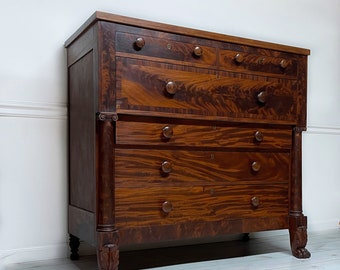 Antique Rare c.1850’s Empire Crotch Flame Mahogany Gentleman Dresser Chest Of Drawers Restored Incredible!