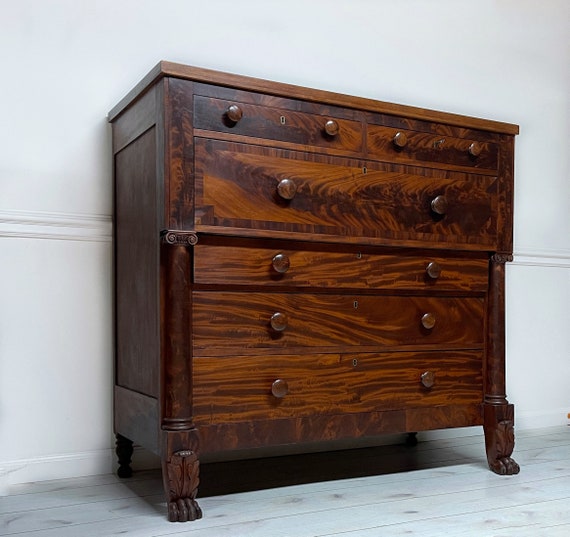 Antique Rare C.1850s Empire Crotch Flame Mahogany Gentleman Dresser Chest of Drawers Restored Incredible Etsy