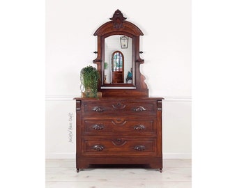 Antique Victorian Renaissance Revival Eastlake Walnut Dresser With Mirror| Chest of Drawers | 3 drawers | Circa 1850| Restored.