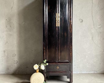 Antique Chinese Black Lacquer Cabinet Armoire, Asian Storage Cabinet, Brass Hardware, ca 1900