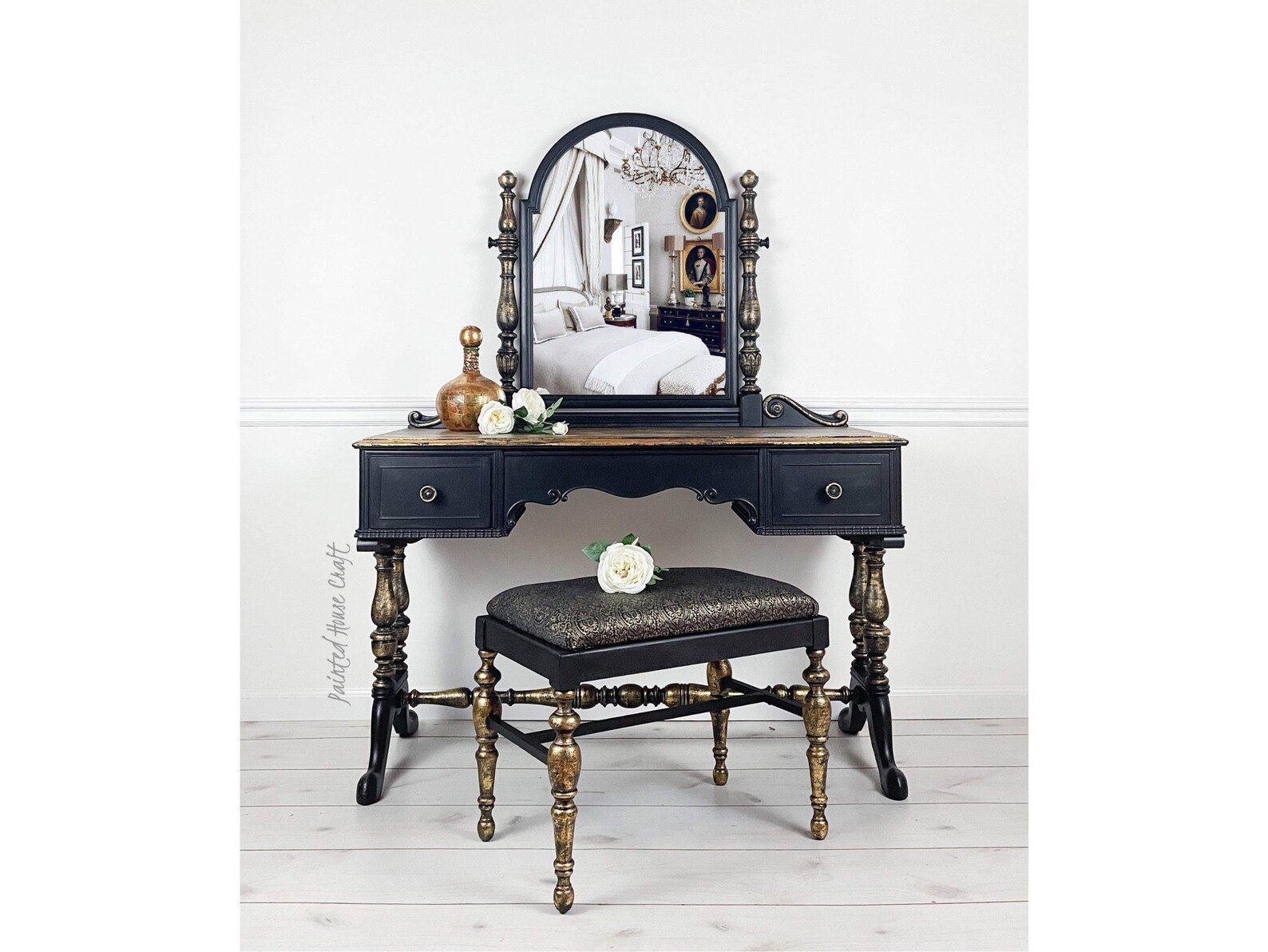 Antique Black Gold Ladies Makeup Vanity Dressing Table 3 Etsy