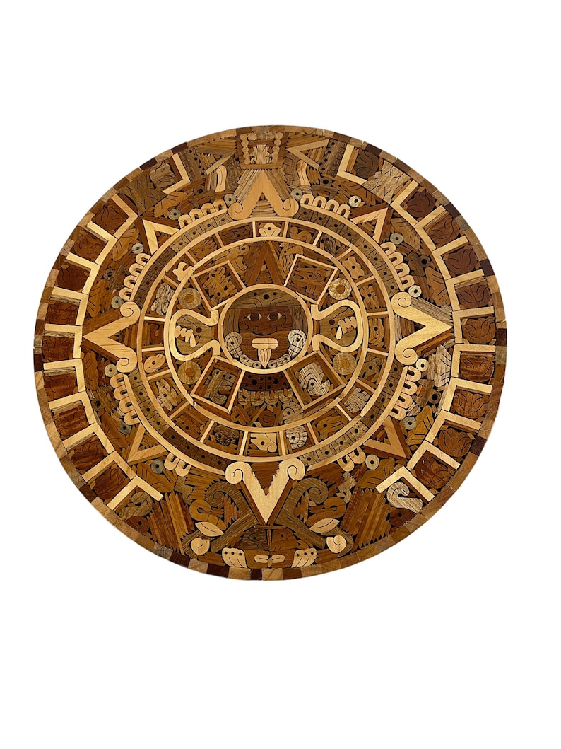 Vintage D16” Aztec Calendar Carved and Inlaid Marquetry Wooden Circular ...