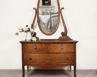 Antique Tiger Oak Dresser Vanity: Restored Quarter Sawn Wood, Beveled Swivel Mirror