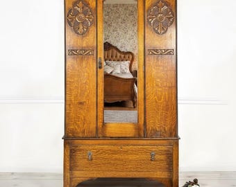 Antique Tiger Oak Wardrobe With Mirror and Hanger Bar. Rare and Exceptional!