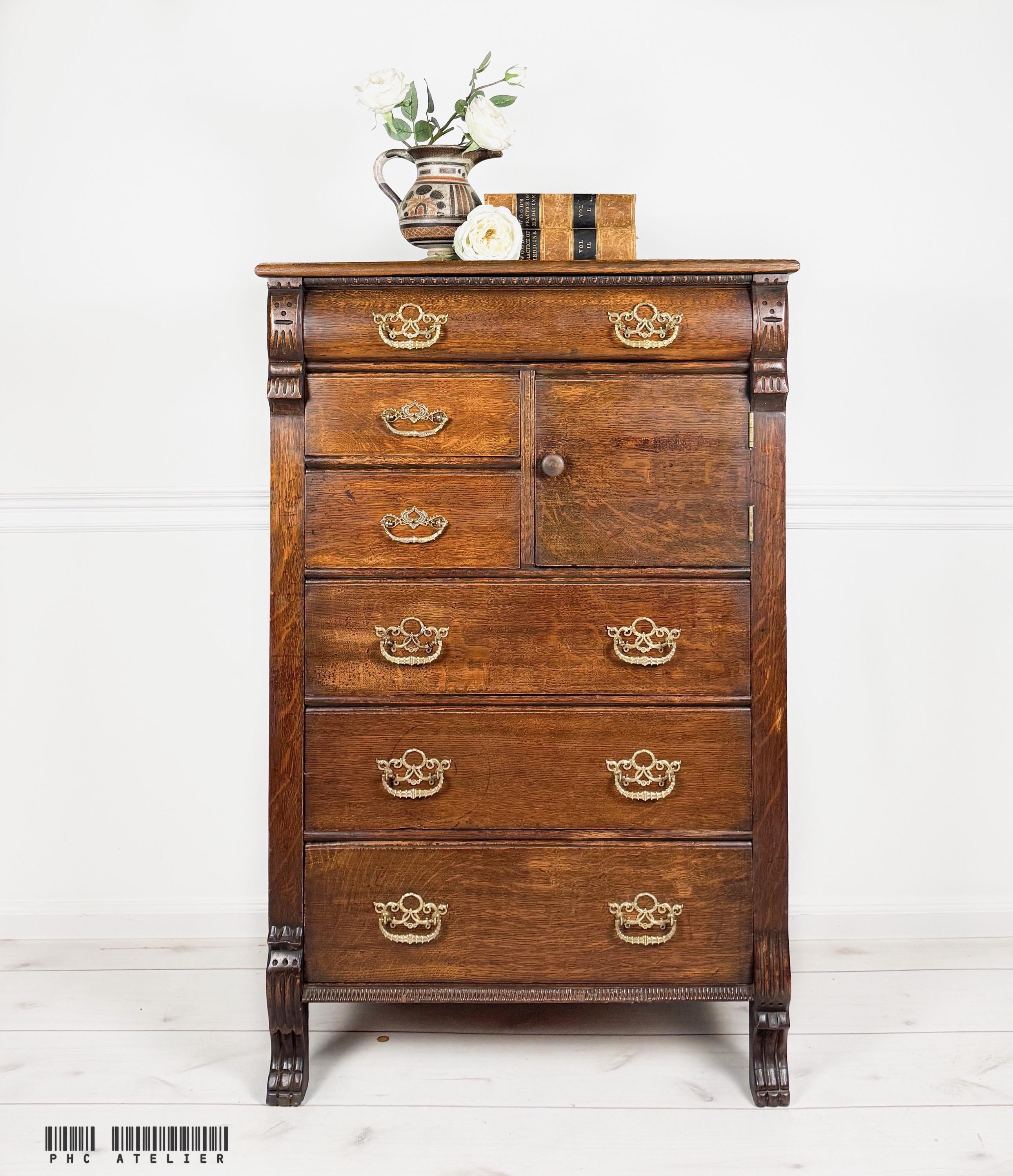 Antique Tiger Oak Tallboy Highboy Dresser With Hat Box Compartment