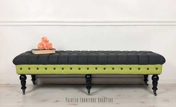Pending Tufted Reupholstered Bedroom Hallway Entryway Long Bench Green Black Gray Linen Fabric On Casters