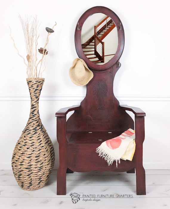 Hall Tree Coat Rack With Bench Storage And Mirror Dark Red Etsy