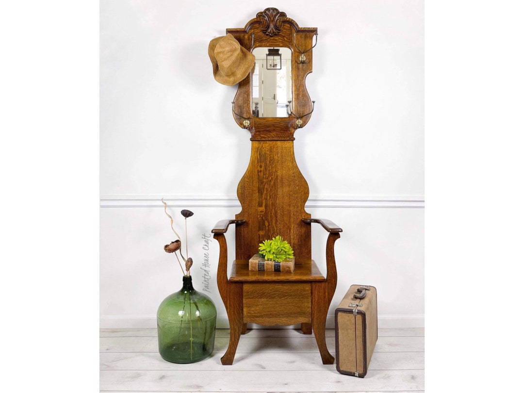 Antique Tiger Oak Hall Tree With Bench and Storage Quarter Sawn Oak Entryway Storage Coat Rack
