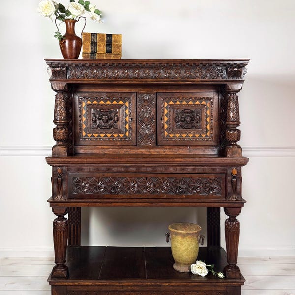 16th Century Oak Court Cupboard | Elizabethan Jacobean Inlay Furniture (c.1580–1620)