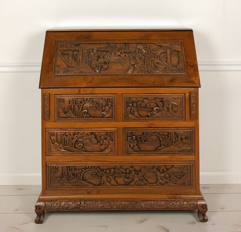 Hand Carved Vintage Solid Chinese Secretary Desk From 1930 S Teak Wood