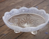Pressed glass fruit bowl, Northwood opalescent rim daisy pattern ruffled edge, ornate clear decorations too, footed, vintage serving bowl