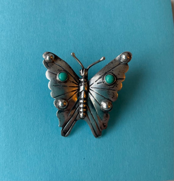 Silver turquoise butterfly pin vintage brooch Mex… - image 1