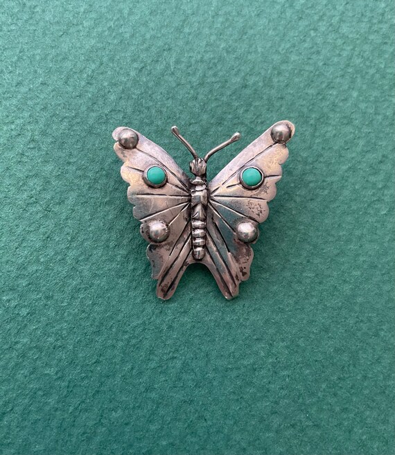 Silver turquoise butterfly pin vintage brooch Mex… - image 5