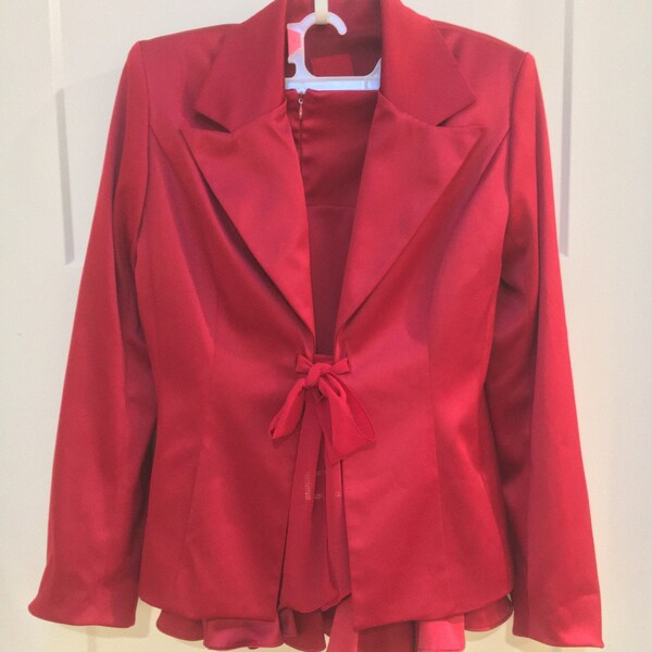 Wine Satin Suit red vintage 3-piece jacket, belted shell, flounce skirt Made in Canada holiday or wedding Size 6 JS Collections