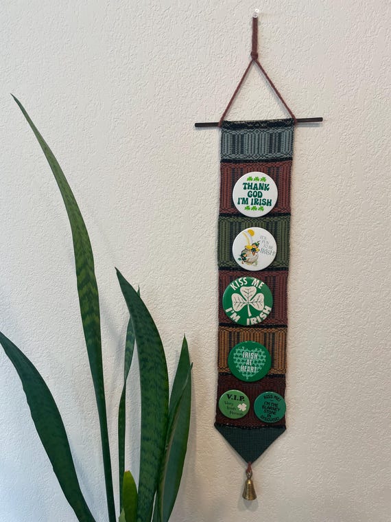 St. Patrick's Day Pins six lucky Irish on woven wall hanging vintage 1980s