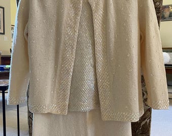 Hand-Knit 3 Piece Suit Off White Sequined Vintage Skirt Set Mid Century Heirloom