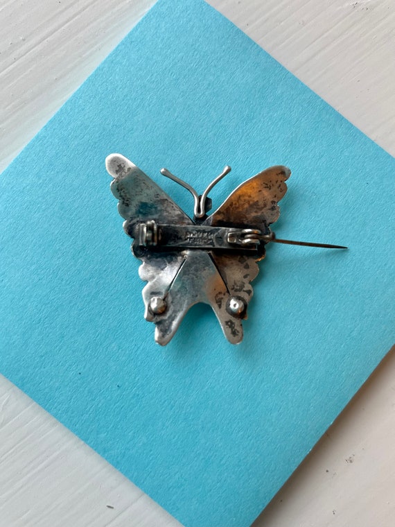 Silver turquoise butterfly pin vintage brooch Mex… - image 3