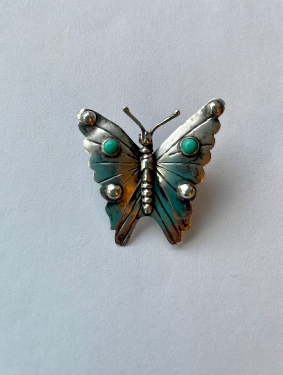 Silver turquoise butterfly pin vintage brooch Mex… - image 2