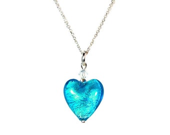 Mini cuore in vetro di Murano turchese argento di Mystery of Venice, cuore in vetro di Murano, collana in vetro di Murano, cuore in vetro, gioielli in vetro di Murano