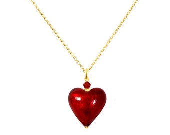 Muranoglas klein rood hart op 24-karaats gouden vermeil ketting van Mystery of Venice, Muranoglas hart, Muranoglas sieraden, Muranoglas ketting