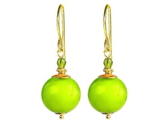 Murano Glass Earrings 'Jenna' by Mystery of Venice with Peridot Green Round Glass Beads, Murano Glass Earrings, Murano Glass Jewelry, Italy